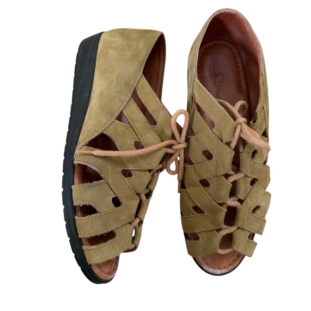 Beautifeel Green Leather Sandals Women's Size 8 39 Open Toe Lace Up Adjustable